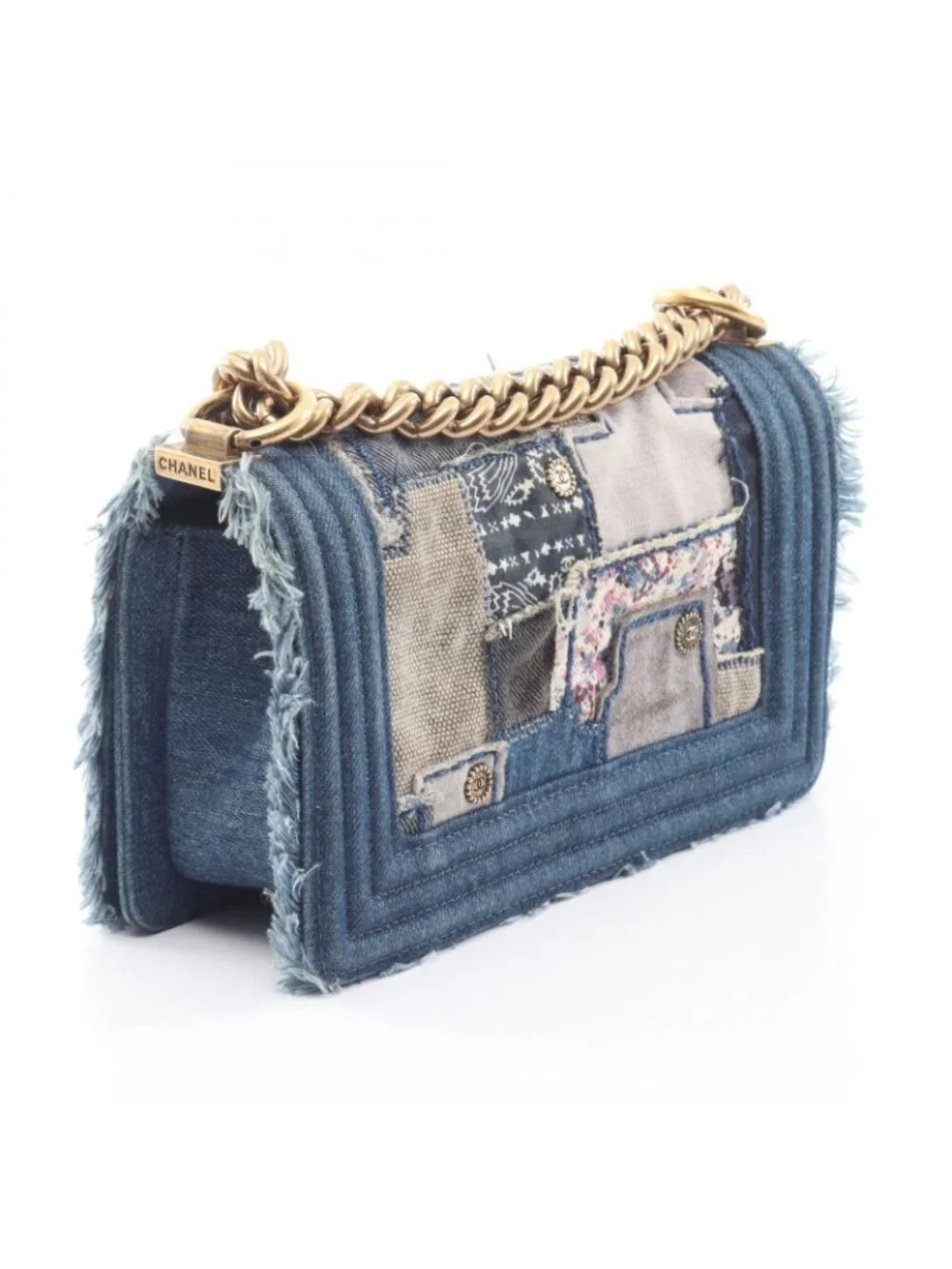 Chanel Shoulder Bag Boy Small Patchwork Antique Gold Denim Blue Ivory Multi